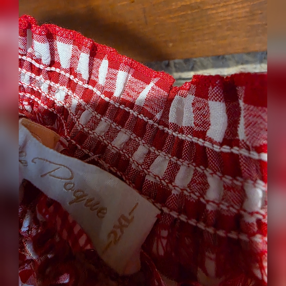 Belle Poque Red Gingham Smocked Neck Peasant Blouse - Picture 3 of 6